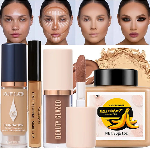 4pcs Face Makeup Set:High-Coverage Concealer,Lightweight Foundation,3D Contouring Cream,And Oil-Controlling Setting Powder