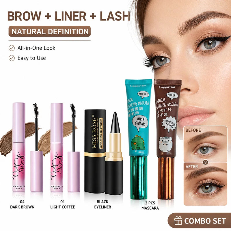 All-in-One Eye Makeup Set, 2 Shades Brow Mascara + Black Gel Eyeliner + Mascara Duo for Defined Brows, Sharp Liner&Lifted Lashes