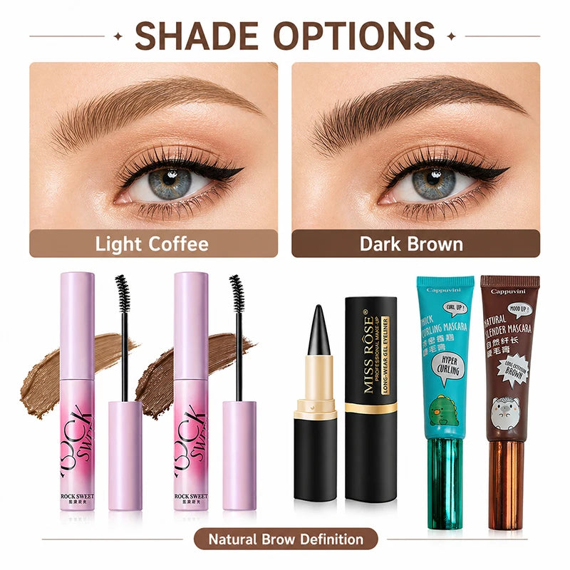 All-in-One Eye Makeup Set, 2 Shades Brow Mascara + Black Gel Eyeliner + Mascara Duo for Defined Brows, Sharp Liner&Lifted Lashes