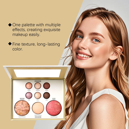 9 Color Gold-Plated Makeup Palette Eyeshadow Contour Blush Highlighter All-in-One Multi-functional Makeup Set for Beauty Lovers