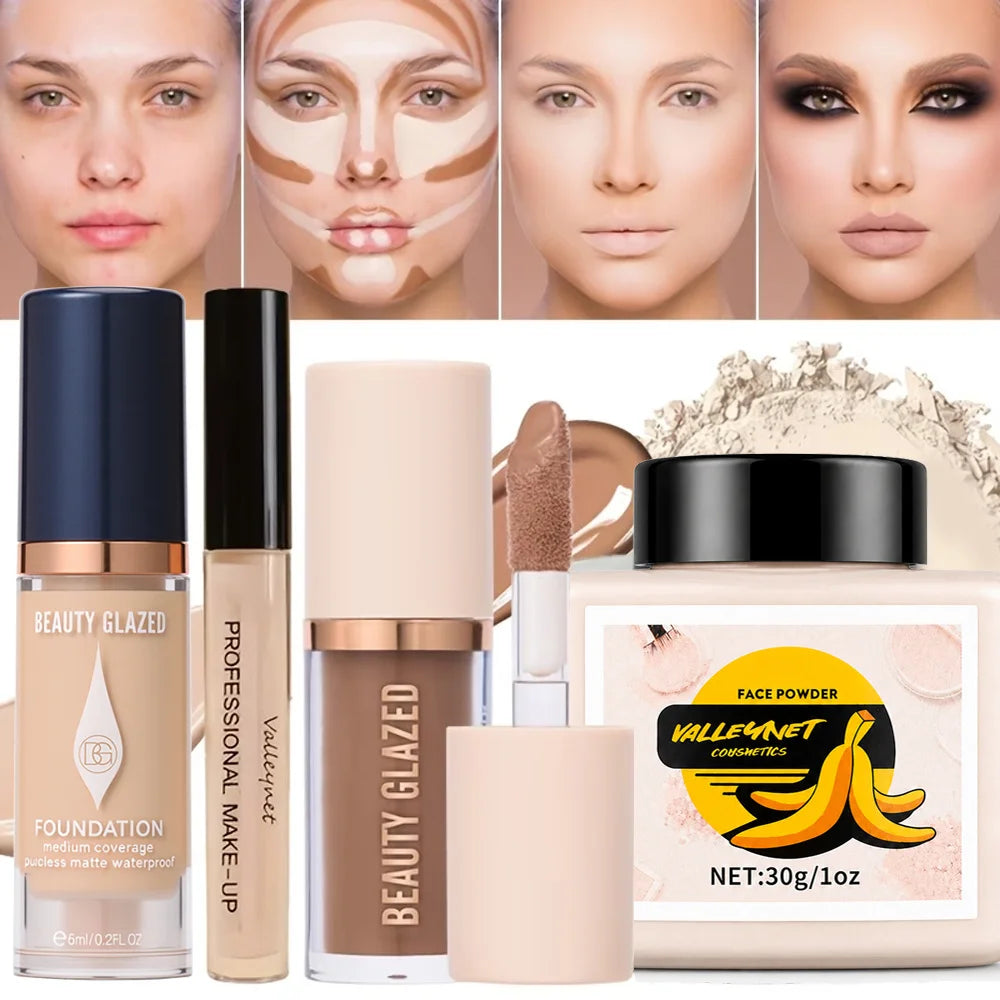 4pcs Face Makeup Set:High-Coverage Concealer,Lightweight Foundation,3D Contouring Cream,And Oil-Controlling Setting Powder