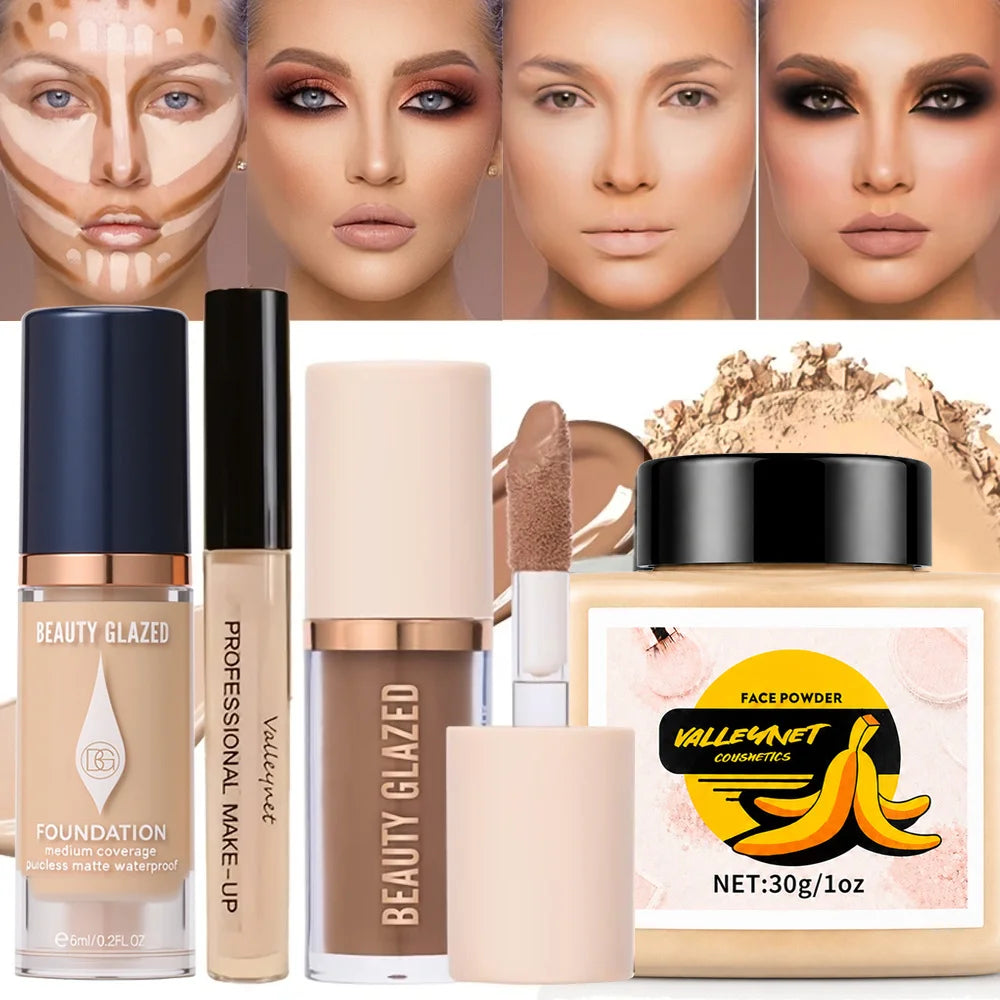 4pcs Face Makeup Set:High-Coverage Concealer,Lightweight Foundation,3D Contouring Cream,And Oil-Controlling Setting Powder