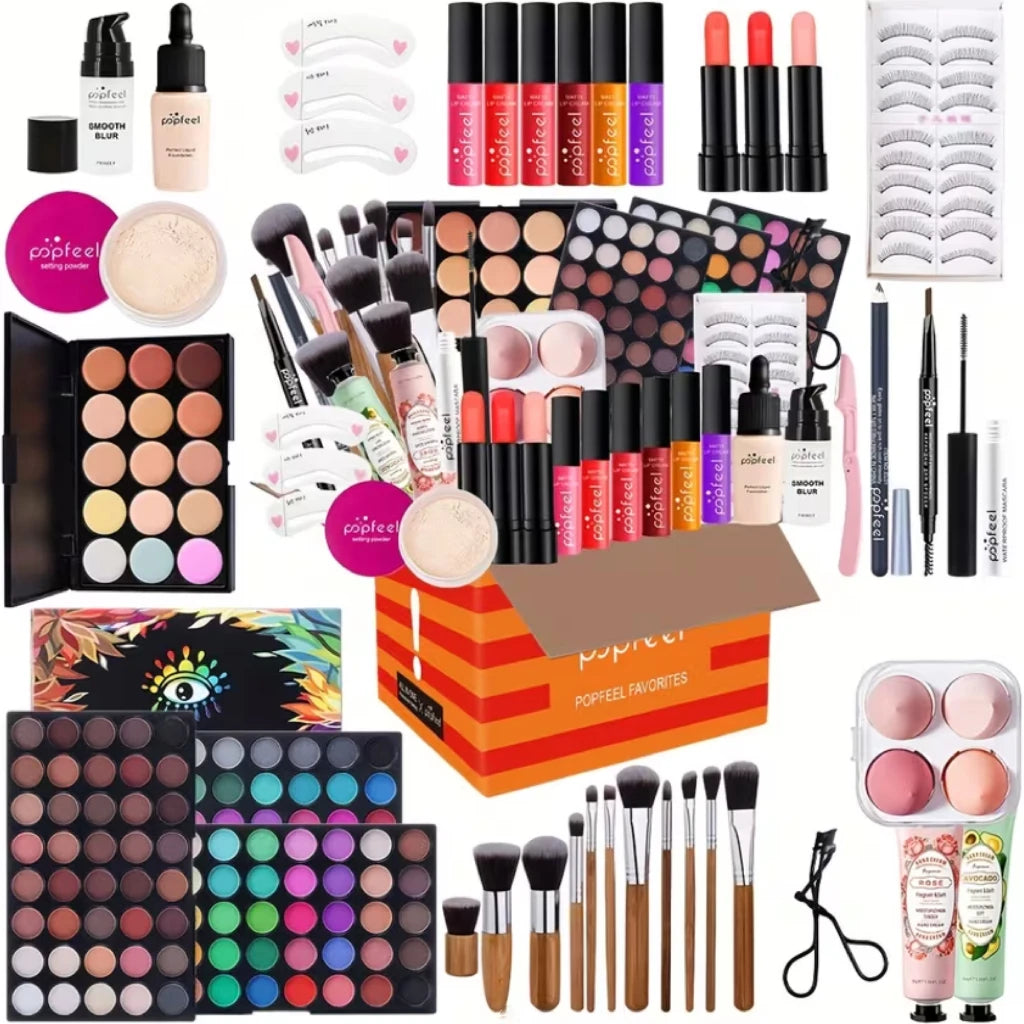 POPFEEL All-in-One Full Face Makeup Kit with Brush+Volumizing Mascara-Complete BeautySet, Berry & Neutral Foundation, Blush, Eyeshadow Palette & Mascara Suitable for Gifts orPersonal Use, Comprehensive Powder-Based Makeup Collection