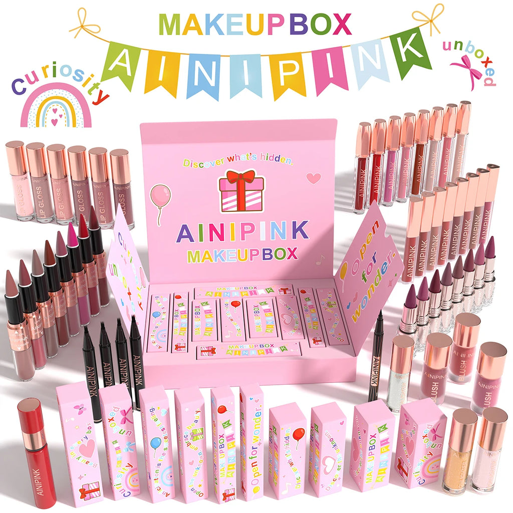 AINIPINK Multi-Color Lip Makeup Box Gift Set Matte Lip Gloss Lip Liner Hydrating Lip Oil Long Lasting Waterproof Non-Fading Liquid Lipstick Cosmetic Kit Cute Packaging Teen Girls Holiday Birthday Beauty Present Daily Lip Make Up Set