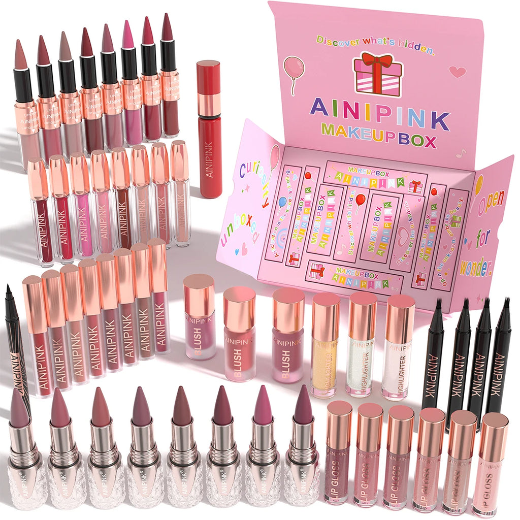 AINIPINK Multi-Color Lip Makeup Box Gift Set Matte Lip Gloss Lip Liner Hydrating Lip Oil Long Lasting Waterproof Non-Fading Liquid Lipstick Cosmetic Kit Cute Packaging Teen Girls Holiday Birthday Beauty Present Daily Lip Make Up Set