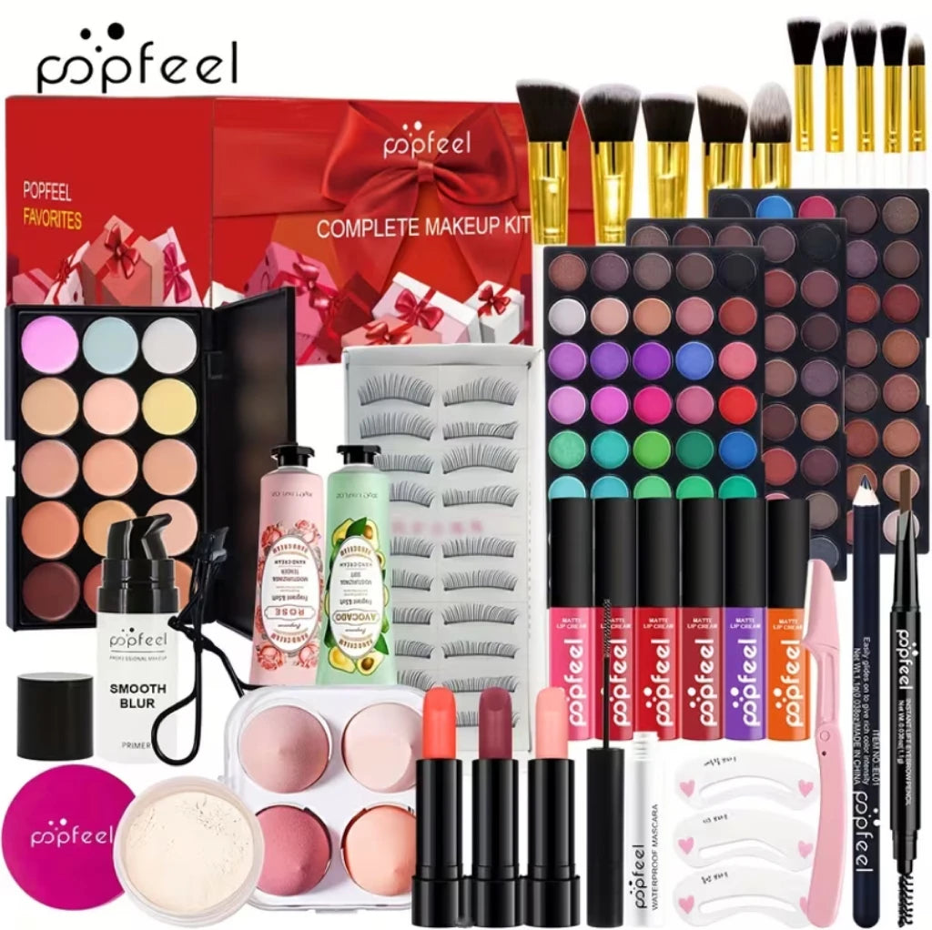 POPFEEL All-in-One Full Face Makeup Kit with Brush+Volumizing Mascara-Complete BeautySet, Berry & Neutral Foundation, Blush, Eyeshadow Palette & Mascara Suitable for Gifts orPersonal Use, Comprehensive Powder-Based Makeup Collection