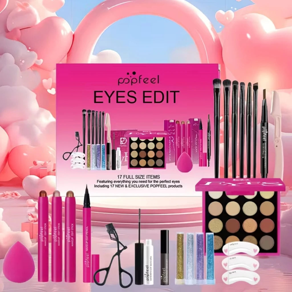 POPFEEL All-in-One Full Face Makeup Kit with Brush+Volumizing Mascara-Complete BeautySet, Berry & Neutral Foundation, Blush, Eyeshadow Palette & Mascara Suitable for Gifts orPersonal Use, Comprehensive Powder-Based Makeup Collection